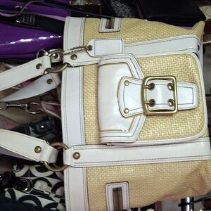 EUC COACH VINTAGE STRAW & LEATHER BUCKLE LARGE TOTE 2005
